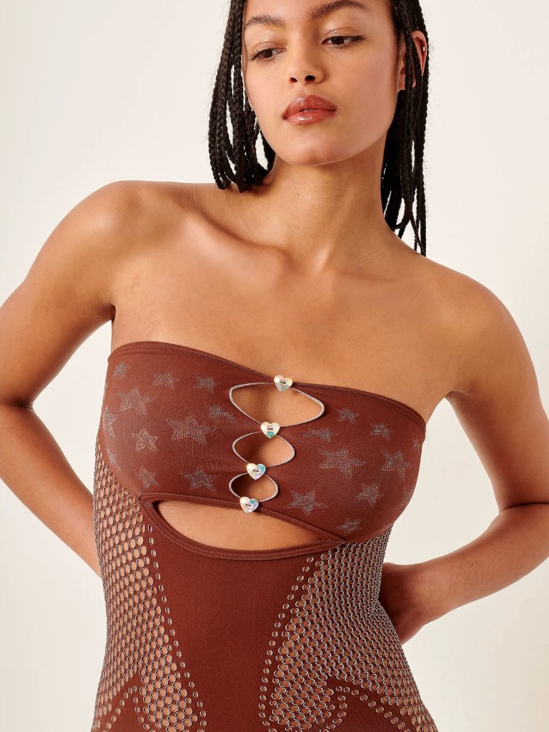 New Poster Girl Roxie Midi Dress In Old Money Brown Sheer Mesh Strapless Bodycon — image 4 of 6